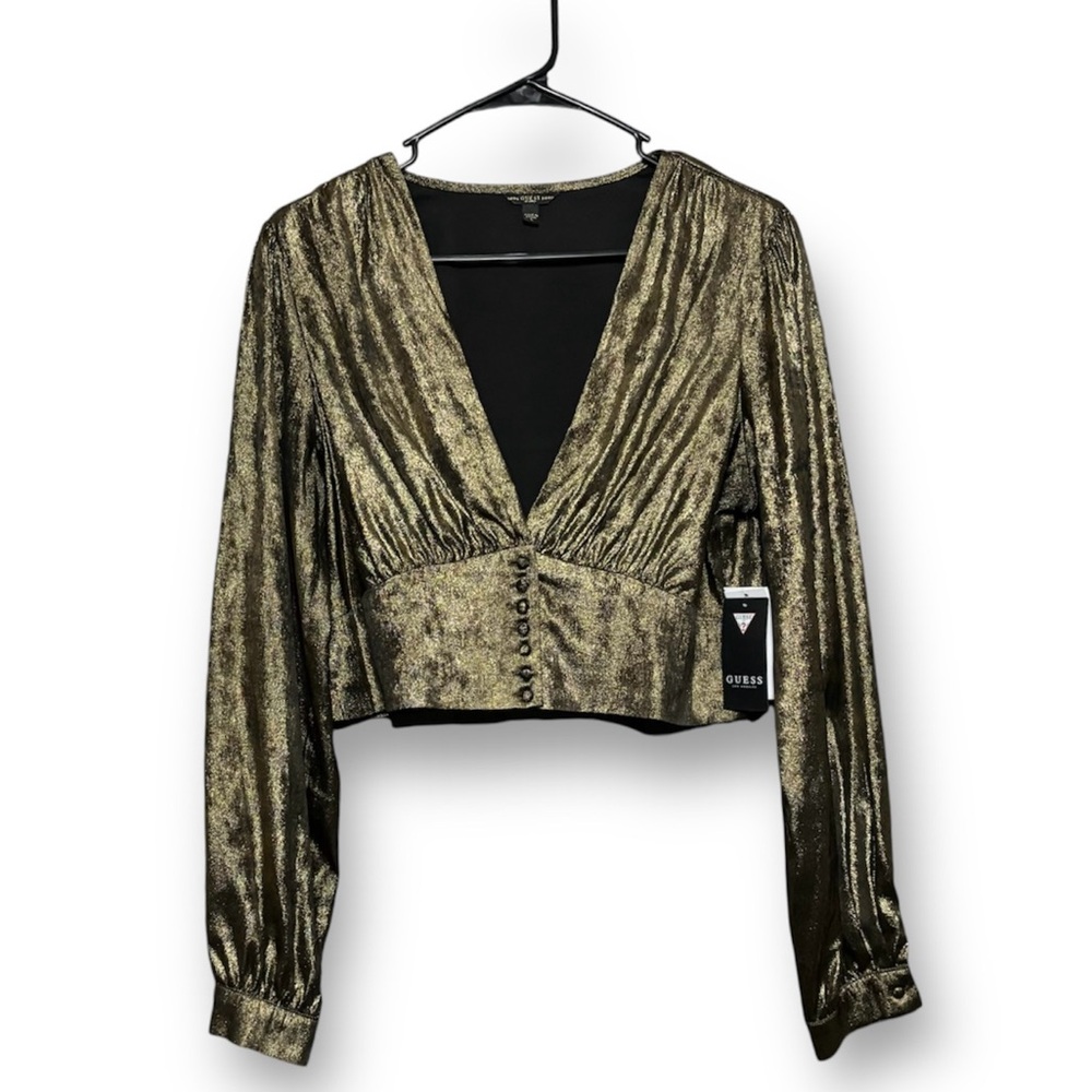 GUESS Shimmery Golden Bronzed Cropped Blouse Long Sleeves L New